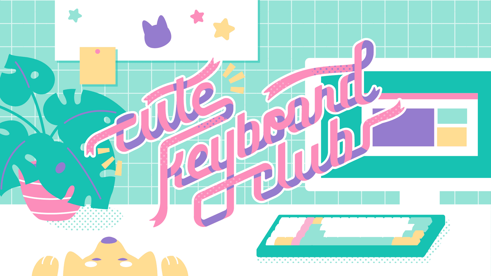 Cute Keyboard Club discord banner featuring ribbon text and pastel desk illustration.
